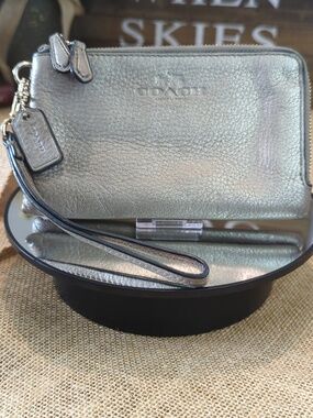 Coach Metallic Taupe Leather Wristlet